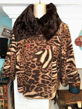 Y2K CULLEN MIXED ANIMAL PRINT LEOPARD SWEATER JACKET WRAP COLLAR S